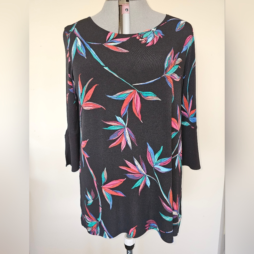 Clara Sun Woo Floral Burst Print Tie Cuff Side Vent Tunic - Medium (12) / Black